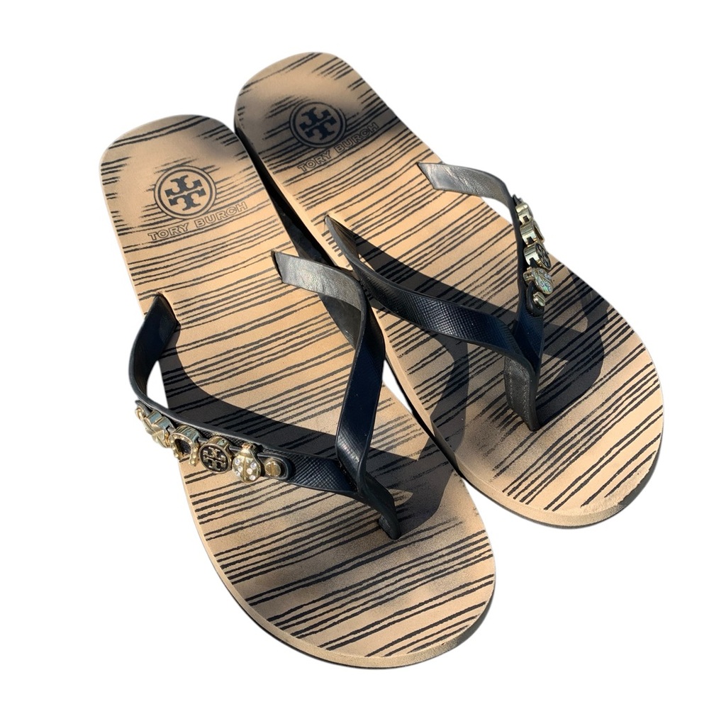 TORY BURCH KILEY FLIP FLOPS BLACK TAN STRIPES WOMEN’S SIZE 9